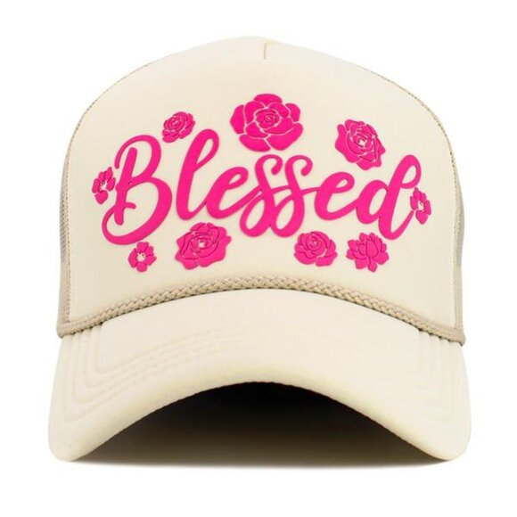 Womens Blessed Baseball Cap Hat in Cream and Hot Pink w/Flowers/Roses - Picture 2 of 4
